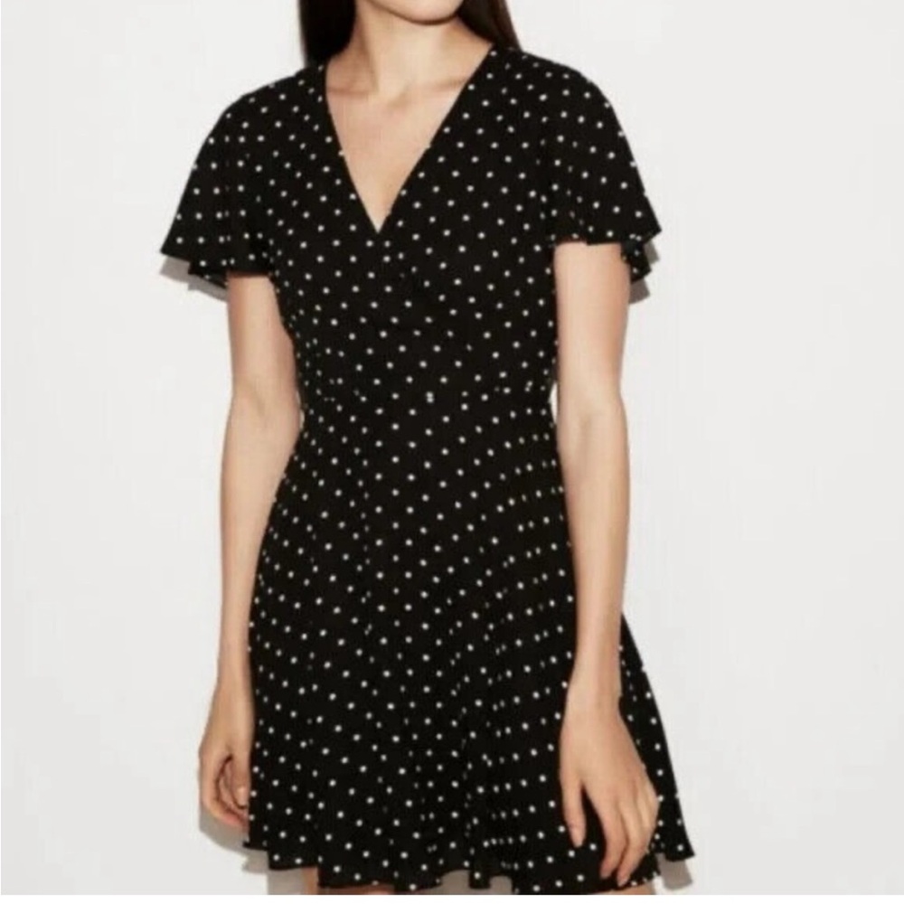 Express Navy Blue and White Polka Dot Flutter Dress with Keyhole Back